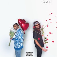 two men holding flowers and balloons in front of a white background