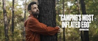 a man hugging a tree with the words camping's most inflicted eczema