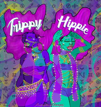 two women with the words trippy hippie on them