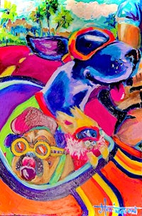 a painting of two dogs riding in a car