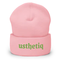 a pink beanie with the word pithesu on it