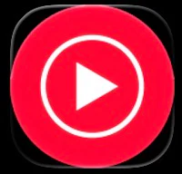 a red and white icon with a play button