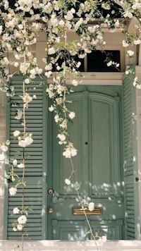 a blue door with white flowers growing out of it