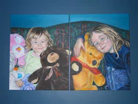 two paintings of little girls with teddy bears