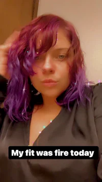a woman with purple hair with the text my fit was fire today