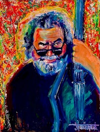 a painting of a man holding a guitar