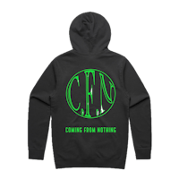 a black hoodie with a green logo on it