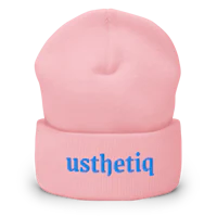 a pink beanie with the word pithesu on it