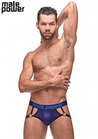a man wearing a male power underwear posing for a photo