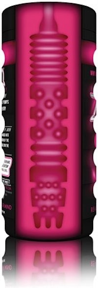 a pink container with a black lid