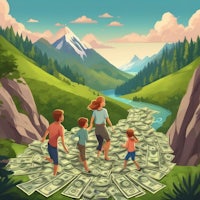 A small family walking into an idyllic sunrise, looking carefree, and relaxed. They are walking at Riverside, but the river flows with more than just water. This article, illustrating the power of managing multiple revenue streams, illustrates this by showing this river, filled with money as a result of the family gaining independence through the collection of multiple income streams.