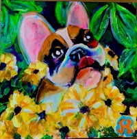 a painting of a french bulldog in yellow flowers