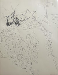 a drawing of a horse with wings and a cross