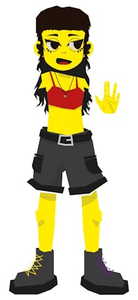 a cartoon girl with a yellow shirt and black shorts
