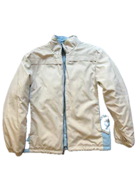 a white and blue jacket on a black background