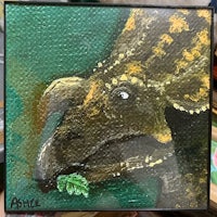 a painting of a dinosaur with a leaf in its mouth