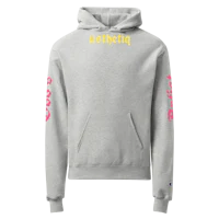 a grey hoodie with yellow and pink letters on it