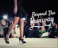 a woman walking down the runway with the words beyond the runway