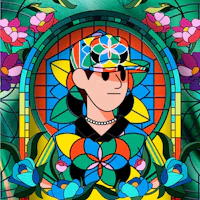 a stained glass painting of a man in a baseball cap