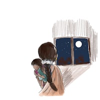 a drawing of a woman and a child looking out of a window