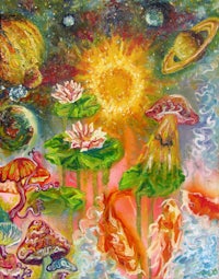 a painting of a sun, planets and flowers