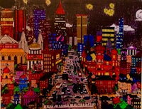 a painting of a city at night