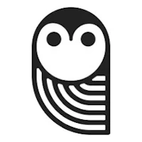 a black and white owl logo on a white background