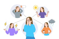 a cartoon illustration of a woman covering her face with her hands