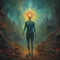 a painting of a man walking through a forest