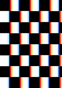 a black and white checkered pattern with red, yellow, and blue squares