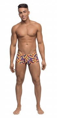 a male model in a colorful swim trunk