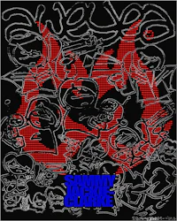 a black and blue poster with a red and blue design