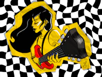 an illustration of a girl with a guitar on a checkered background