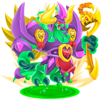a purple and green character with horns and a sword
