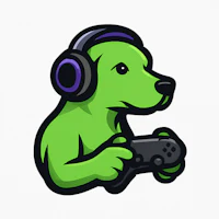 a green dog with headphones holding a game controller