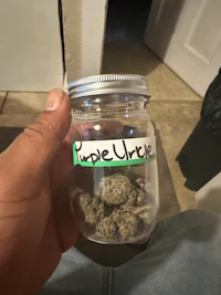 a person holding a jar of marijuana with a label on it