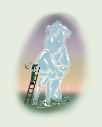 an illustration of a man standing on a ladder next to an ice sculpture