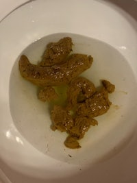 a white bowl with a piece of meat in it