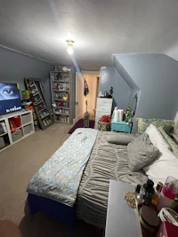 a bedroom with a bed and a tv