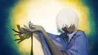 a painting of an anime character with white hair