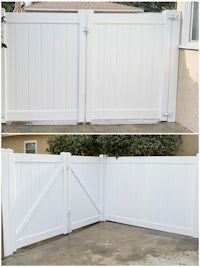 two pictures of a white fence with a white gate