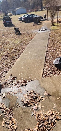 a sidewalk is covered in leaves and a car is parked next to it