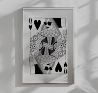a black and white drawing of a queen playing card