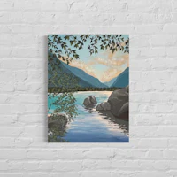 a painting of a lake and mountains on a brick wall