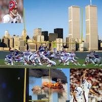 a collage of images of football players and a city