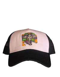 a black and white hat with an elephant on it