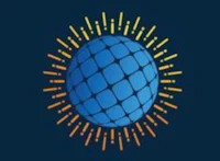 a blue and orange logo with a sunburst in the middle