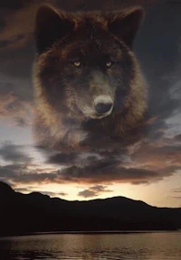 an image of a wolf with a sunset behind it