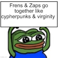 a frog holding a sign that says frens & zaps together like cyberpunks & virginity