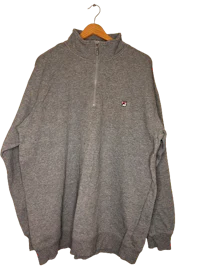 a grey sweatshirt with an embroidered logo on it